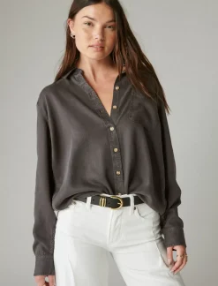 Lucky Brand solid boyfriend button down shirt grey*WOMEN Blouses