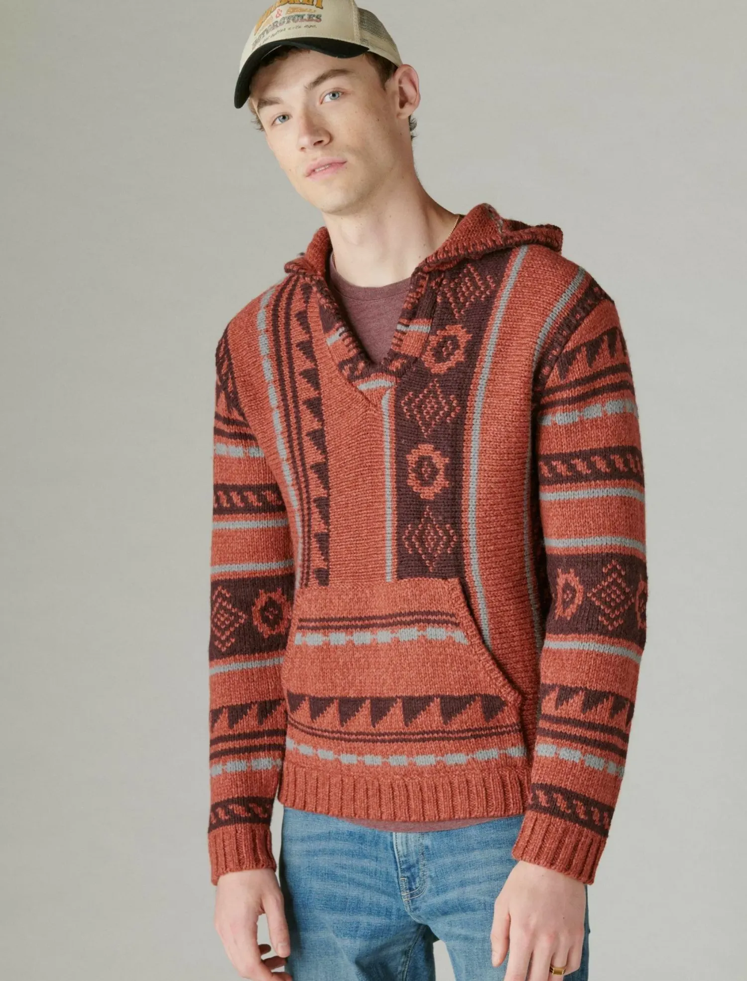 Lucky Brand southwestern print baja sweater apple butter combo*MEN Sweaters