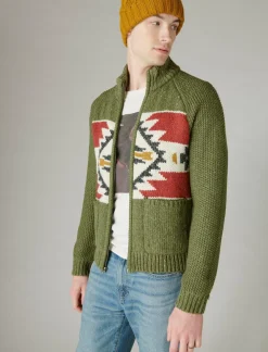 Lucky Brand southwestern print full zip bomber sweater olive multi*MEN Sweaters