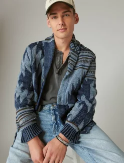 Lucky Brand southwestern print shawl cardigan dark denim combo*MEN Sweaters