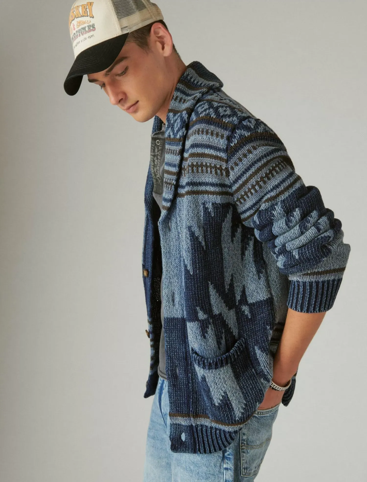 Lucky Brand southwestern print shawl cardigan dark denim combo*MEN Sweaters