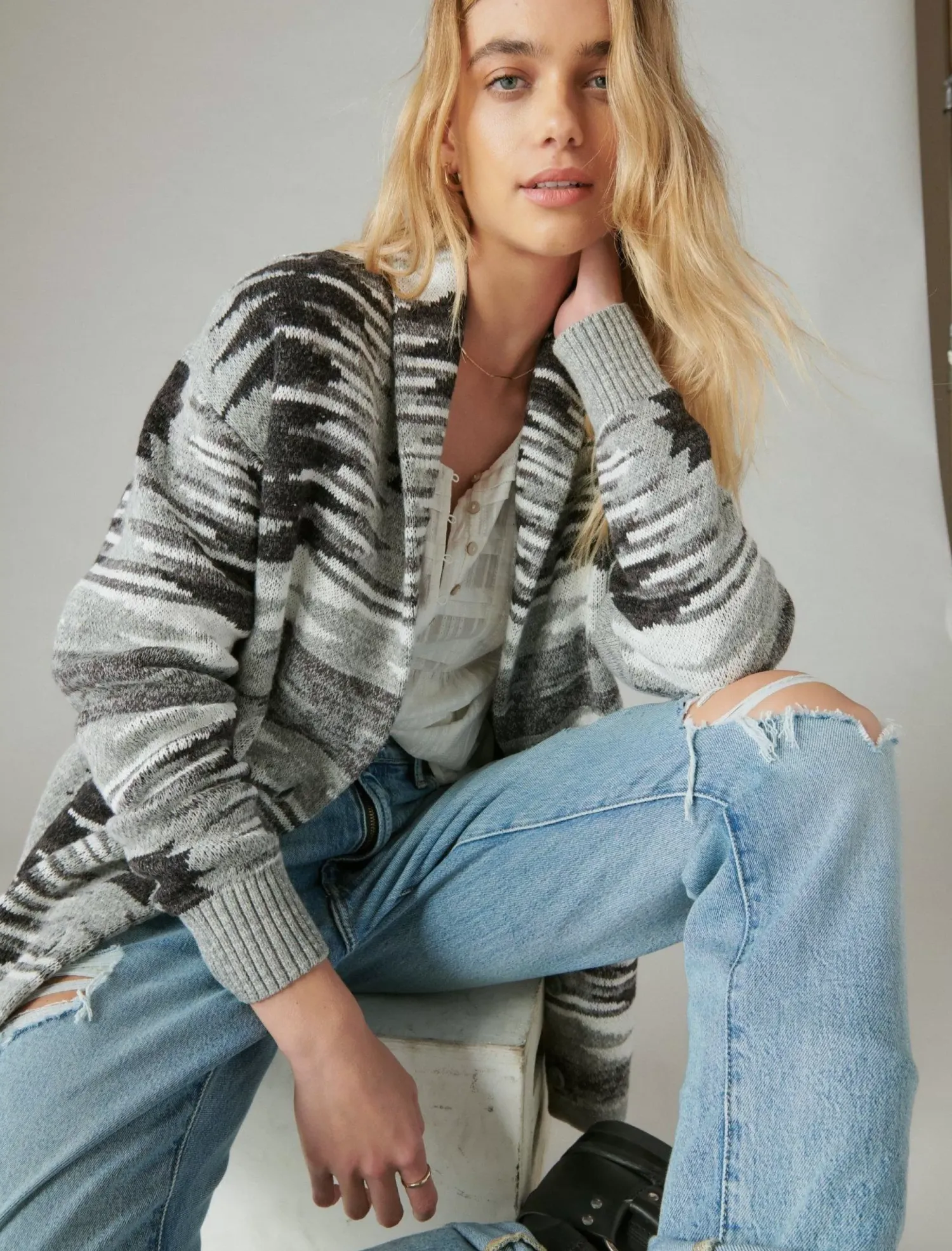 Lucky Brand southwestern sweater cardigan med heath grey combo*WOMEN Sweaters & Sweatshirts