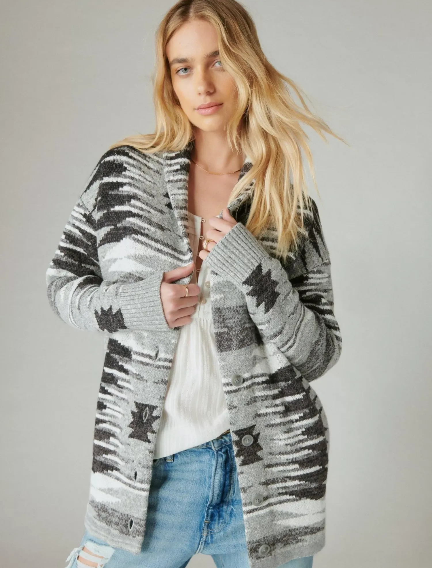 Lucky Brand southwestern sweater cardigan med heath grey combo*WOMEN Sweaters & Sweatshirts