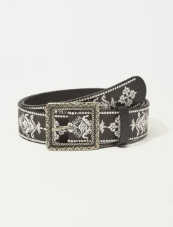 Lucky Brand square buckle embroidered belt black*WOMEN Belts
