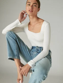 Lucky Brand square neck long sleeve bodysuit cream*WOMEN Knit Tops