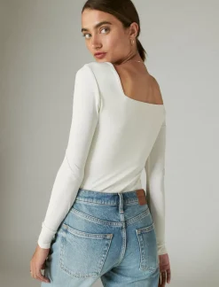 Lucky Brand square neck long sleeve bodysuit cream*WOMEN Knit Tops