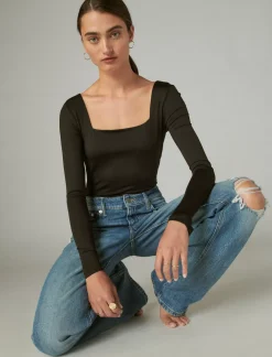 Lucky Brand square neck long sleeve bodysuit jet black*WOMEN Knit Tops