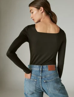 Lucky Brand square neck long sleeve bodysuit jet black*WOMEN Knit Tops