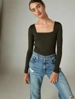 Lucky Brand square neck long sleeve bodysuit jet black*WOMEN Knit Tops