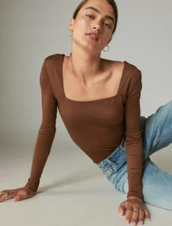 Lucky Brand square neck long sleeve bodysuit brown*WOMEN Knit Tops