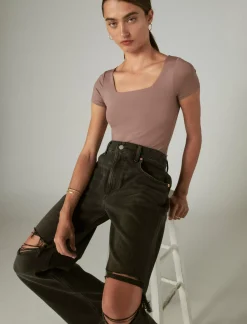 Lucky Brand square neck seamless top deep taupe*WOMEN Knit Tops