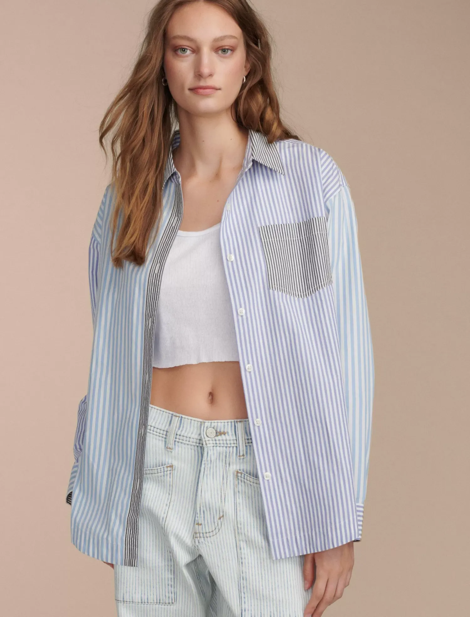 Lucky Brand stripe mix boyfriend prep shirt blue stripe mix*WOMEN Blouses