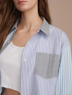 Lucky Brand stripe mix boyfriend prep shirt blue stripe mix*WOMEN Blouses