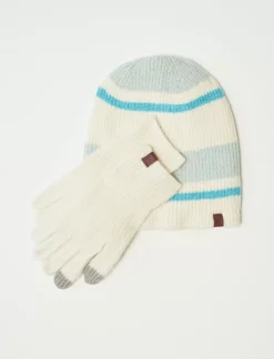 Lucky Brand striped beanie & glove set medium light green*WOMEN Gloves|Hats