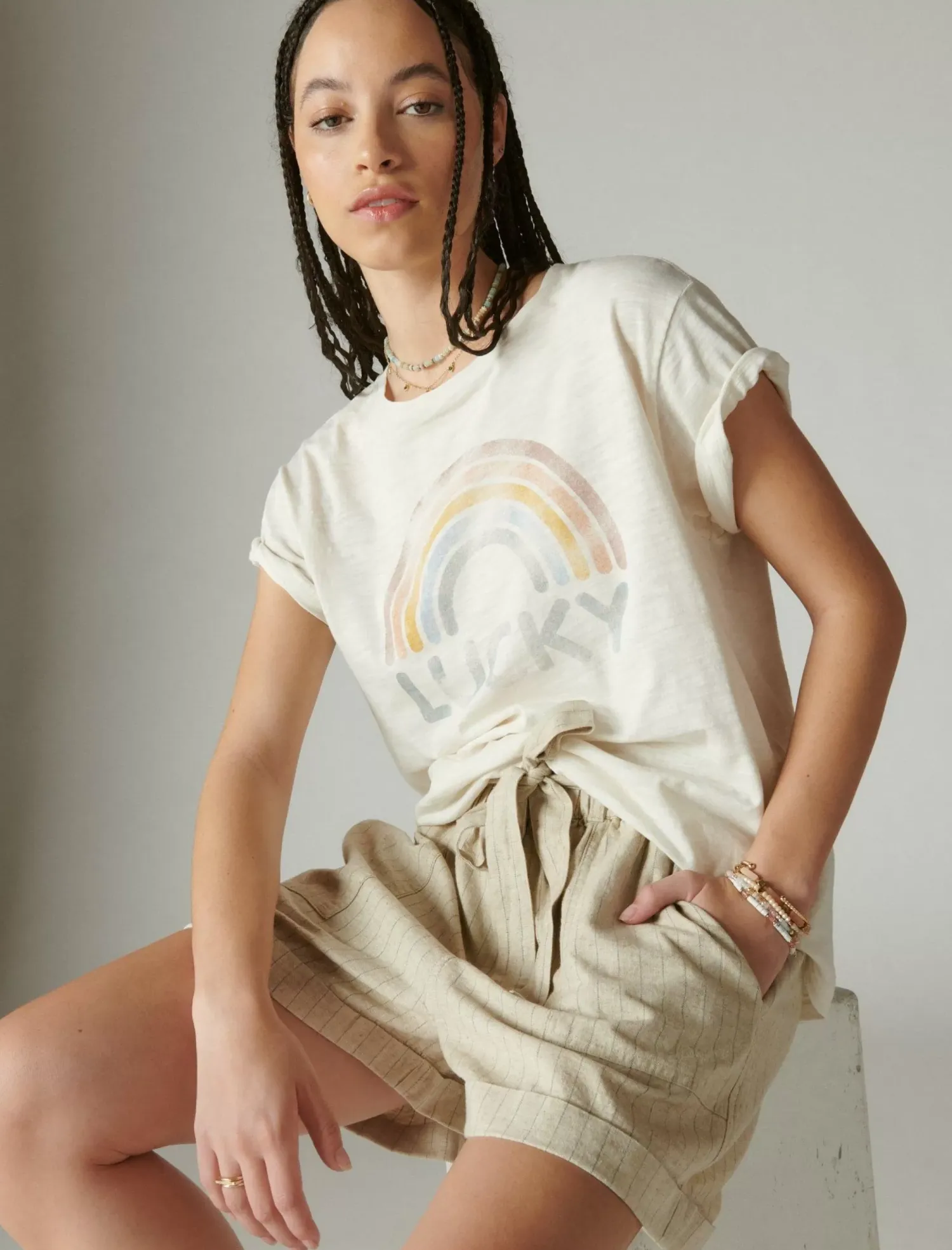 Lucky Brand striped paperbag short cream stripe*WOMEN Shorts