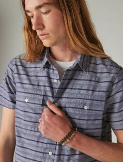 Lucky Brand striped short sleeve utility shirt blue stripe*MEN Button-Downs