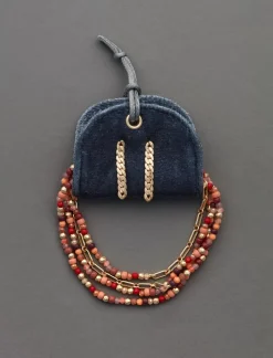 Lucky Brand stud earring & beaded necklace gift set gold*WOMEN Jewelry