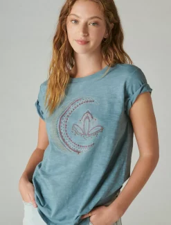 Lucky Brand studded moon classic crew blue mirage*WOMEN Graphic Tees