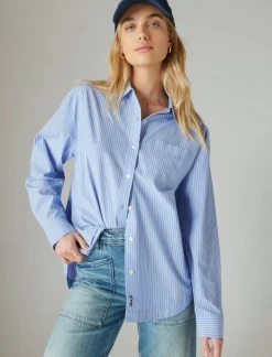 Lucky Brand the oversized poplin button down blue stripe*WOMEN Blouses
