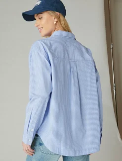 Lucky Brand the oversized poplin button down blue stripe*WOMEN Blouses