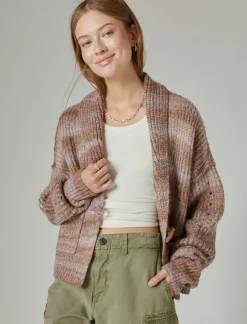 Lucky Brand toggle front spacedye cardigan taupe multi*WOMEN Sweaters & Sweatshirts
