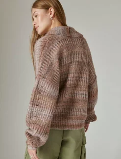 Lucky Brand toggle front spacedye cardigan taupe multi*WOMEN Sweaters & Sweatshirts