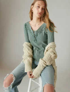 Lucky Brand trim mix henley balsam green*WOMEN Knit Tops
