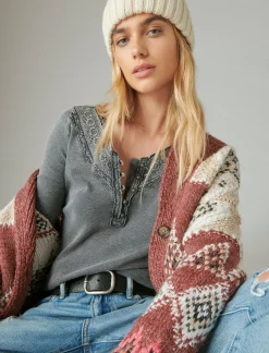 Lucky Brand trim mix henley asphalt*WOMEN Knit Tops