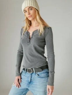 Lucky Brand trim mix henley asphalt*WOMEN Knit Tops