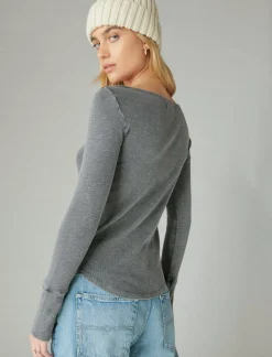 Lucky Brand trim mix henley asphalt*WOMEN Knit Tops