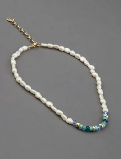 Lucky Brand turquoise and pearl beaded collar necklace gold*WOMEN Jewelry