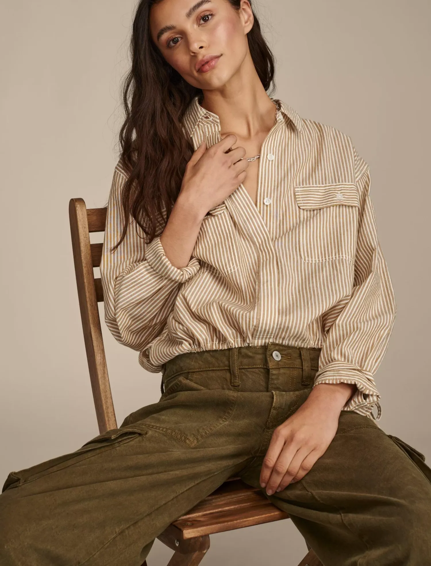 Lucky Brand utility shirt brown stripes*WOMEN Blouses