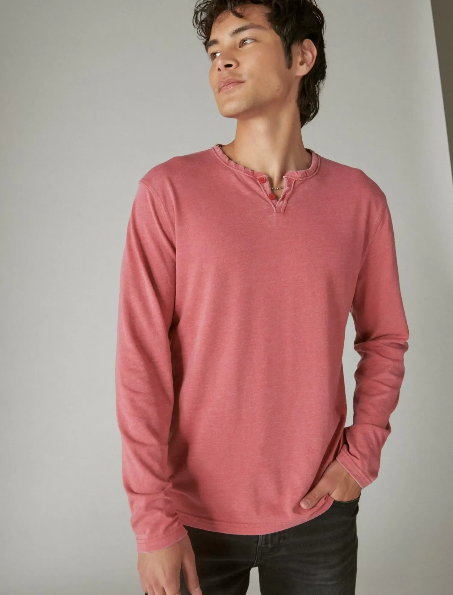 Lucky Brand venice burnout long sleeve notch neck cardinal*MEN Shirts & Tops